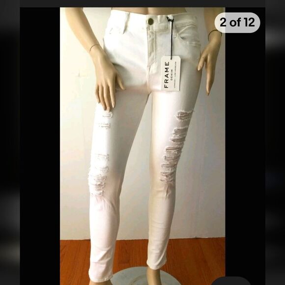 NWOT Frame Le Color distressed white skinny jeans NEW - Picture 2 of 6